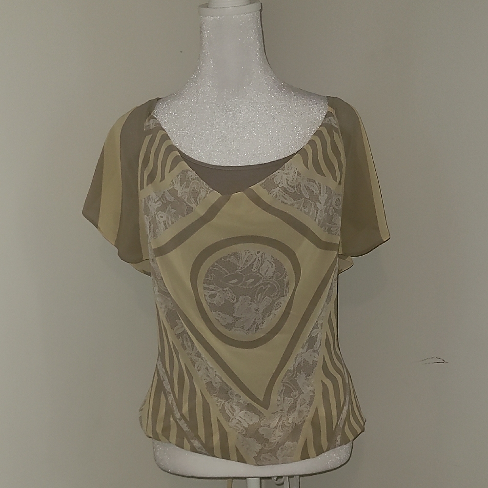 BCBGirls Tan and Cream Flutter Sleeve Blouse